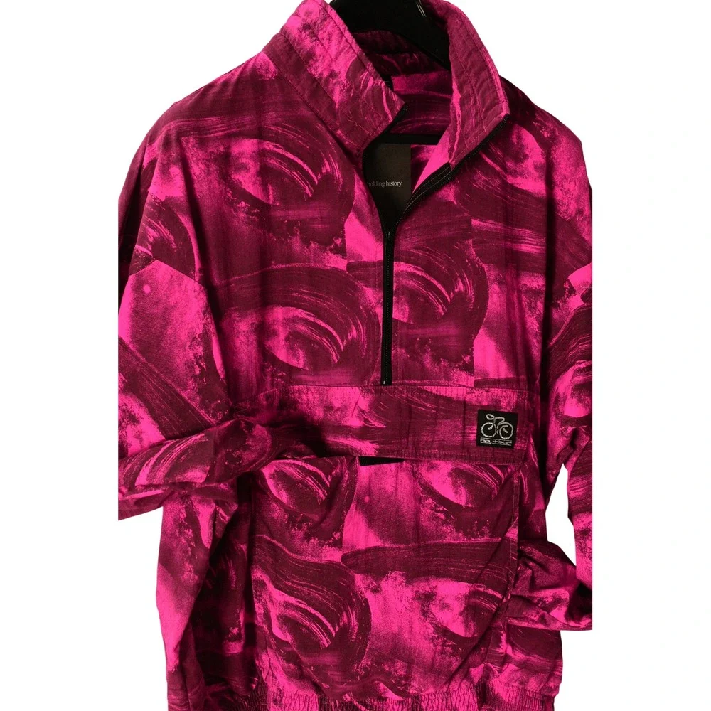 80s Vintage Abstract Windbreaker Mens XL Hot Pink Nylon Nashbar 1/2 Zip Jacket